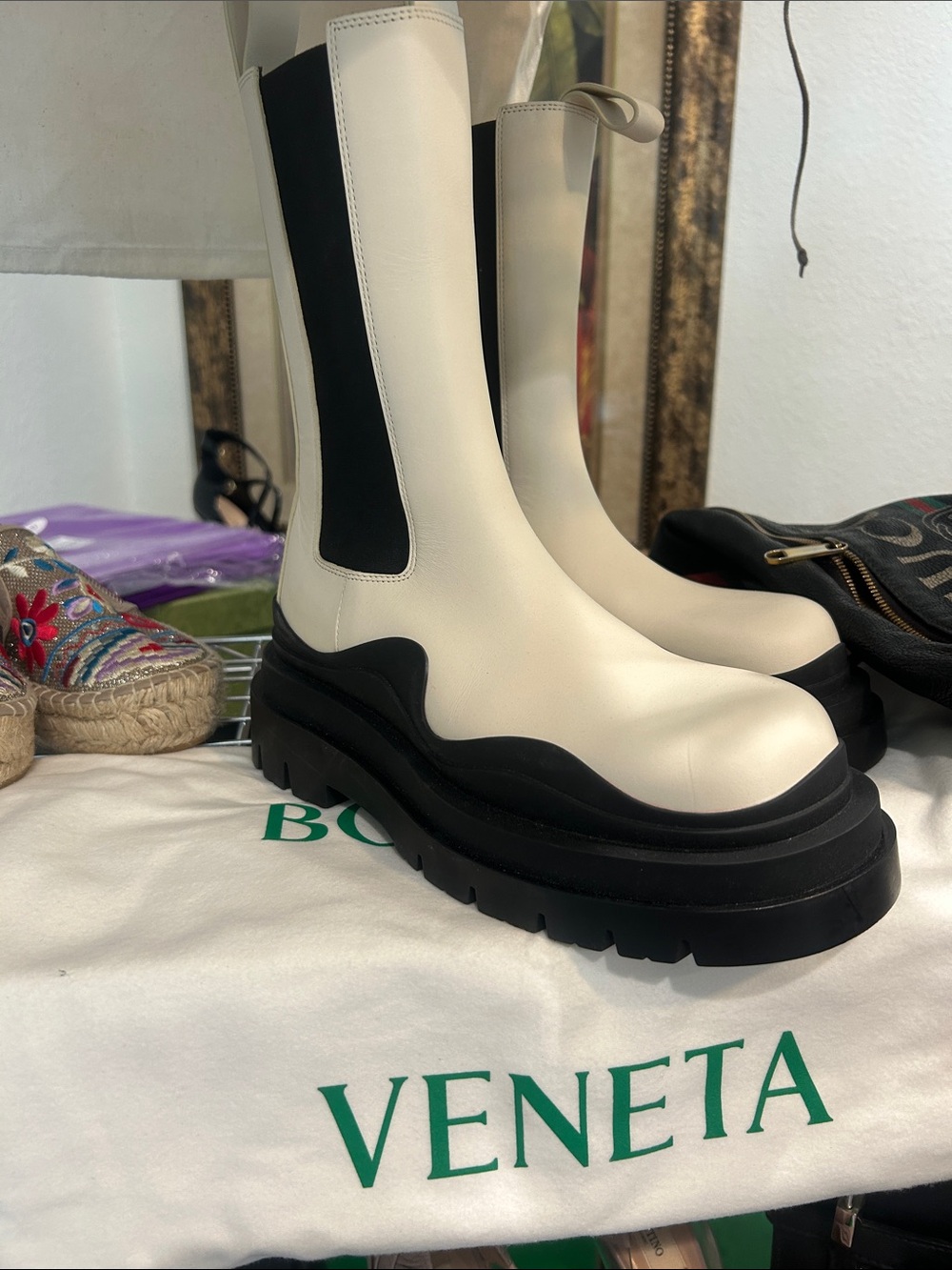 Bottega Veneta Cream and Black Lug Sole Chelsea Boots